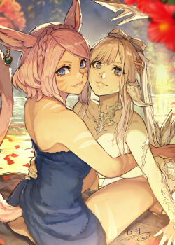 2girls animal_ears au_ra blue_eyes breasts cat_ears cat_tail closed_mouth dark-skinned_female dark_skin dragon_horns dragon_tail earrings facial_mark fang final_fantasy final_fantasy_xiv grey_eyes grey_hair hide_(hideout) highres horns jewelry lips long_hair looking_at_viewer medium_breasts miqo&#039;te mole mole_under_eye multiple_girls naked_towel nude onsen pink_hair short_hair sitting tail towel warrior_of_light_(ff14) water whisker_markings white_scales