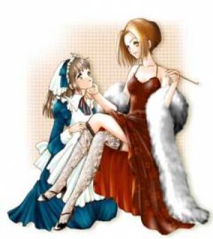 Rule 34 | 2girls, breasts, dress, female focus, formal clothes, image sample, kneeling, lowres, maid, multiple girls, sitting, thighhighs, thumbnail, yuri
