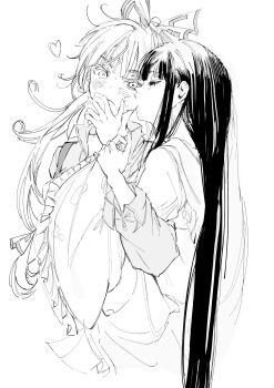 2girls absurdres blush bow closed_eyes dress fujiwara_no_mokou greyscale hair_bow heart highres houraisan_kaguya kiss kissing_cheek long_hair monochrome multiple_girls sesmkun shirt sweat touhou yuri