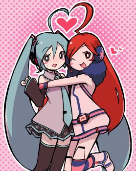 2girls ahoge belt blue_eyes blue_hair blush_stickers boots collared_shirt detached_sleeves dress fur_collar gloves hair_ornament halftone halftone_background hatsune_miku headphones headset heart heart_ahoge_duo highres hug joints kneehighs long_hair long_sleeves multiple_girls necktie negiwave2000 one_eye_closed open_mouth outline pink_background pleated_skirt red_eyes red_hair robot_joints sf-a2_miki shirt skirt sleeveless sleeveless_dress sleeveless_shirt smile socks standing standing_on_one_leg striped_clothes striped_gloves striped_socks sweat thighhighs very_long_hair vocaloid white_outline
