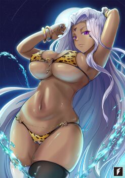 Rule 34 | 1girl, aa megami-sama, arm up, ass, bangle, bracelet, breasts, cameltoe, covered erect nipples, dark-skinned female, dark skin, earrings, highres, jewelry, long hair, looking at viewer, nail polish, navel, purple eyes, purple nails, silver hair, solo, stomach, teng zhai zi, thighhighs, underboob, urd (aa megami-sama)