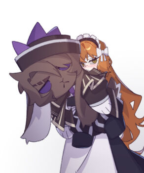 1girl apron black_dress bow brown_hairband character_doll doll dress freckles green_eyes hair_bow hairband heathcliff_(project_moon) ishmael_(project_moon) limbus_company long_hair looking_at_viewer maid_headdress mercuryhx orange_hair oufi_association_south_uniform project_moon rope sidelocks simple_background stuffed_animal stuffed_rabbit stuffed_toy very_long_hair white_apron white_background white_bow wuthering_heights_(identity)_(project_moon)