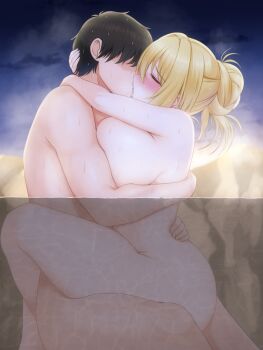 1boy 1girl arm_around_neck black_hair blonde_hair blush breast_press breasts closed_eyes completely_nude faceless faceless_male from_side hair_bun hand_on_another&#039;s_head hetero highres huge_breasts idolmaster idolmaster_cinderella_girls kiss kurosaki_chitose leg_lock night night_sky nude onsen partially_submerged raised_inner_eyebrows ruuuuuuuryyyyyy saliva sex short_hair sky steam straddling underwater_sex upright_straddle water wet