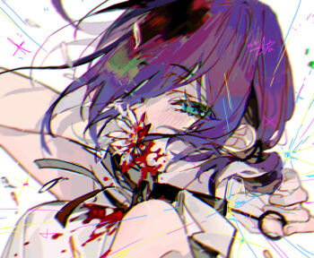 1girl black_choker blood blood_from_mouth chainsaw_man choker close-up flower flower_over_mouth green_eyes grenade_pin grey_ribbon hair_bun neck_ribbon purple_hair reze_(chainsaw_man) ribbon sapphire_(nine) shirt sleeveless sleeveless_shirt solo white_flower white_shirt