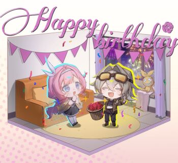 2girls absurdres aerial_fireworks black_pants blue_dress brown_hair brown_jacket chibi chibi_only chinese_commentary closed_eyes commentary_request couch crop_top dress elysia_(honkai_impact) fireworks goggles goggles_on_head hairband happy_birthday hat highres homu_(honkai_impact) honkai_(series) honkai_impact_3rd indoors jacket long_hair looking_at_another medium_hair multiple_girls official_alternate_costume open_mouth pants pink_hair procreate_(medium) seawave02974 star_(symbol) stuffed_toy top_hat vill-v white_hairband