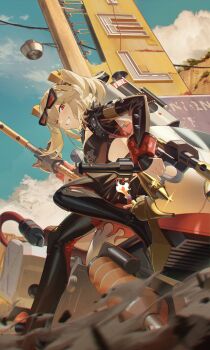 Rule 34 | 1girl, absurdres, black jacket, black skirt, black thighhighs, blonde hair, blue sky, burnice white, clenched teeth, cloud, dolosse, eyewear on head, flamethrower, full body, hair between eyes, high heels, highres, holding flamethrower, holding weapon, jacket, long hair, looking at viewer, one eye closed, open clothes, open jacket, outdoors, red-tinted eyewear, red eyes, sidelocks, sitting, skirt, sky, smile, solo, sunglasses, teeth, thighhighs, tinted eyewear, zenless zone zero
