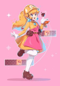 Rule 34 | 1girl, ?, ? block, apron, block (mario), block (object), blonde hair, blue eyes, breasts, brick, brooch, dress, earrings, gloves, hard hat, hat, hay, helmet, highres, jewelry, lipstick, long hair, looking at viewer, makeup, mario (series), nintendo, open mouth, pantyhose, pink apron, pink lips, ponytail, princess peach, saiwo (saiwoproject), shoes, simple background, smile, solo, sphere earrings, super mario maker, super mario maker 2, teeth, white gloves, white pantyhose, yellow dress, yellow hat