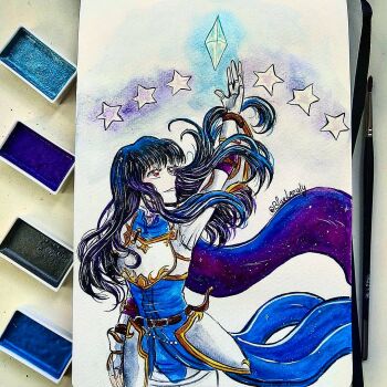 Rule 34 | 1girl, arm up, armor, artist name, astrid (fire emblem), black hair, bluelazuly, breastplate, brown eyes, cape, crystal, fingerless gloves, fire emblem, fire emblem: radiant dawn, gloves, grin, looking up, nintendo, purple cape, smile, solo, star (symbol), traditional media, upper body