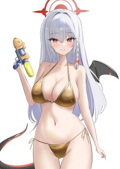 1girl absurdres alternate_costume arm_at_side armpit_crease bikini blue_archive blush braid breasts cameltoe cleavage closed_mouth cowboy_shot demon_girl demon_tail demon_wings eyelashes eyes_visible_through_hair gluteal_fold gold_bikini grey_hair groin hair_between_eyes hair_intakes halo halterneck hand_up haruna_(blue_archive) highres large_breasts liiigang long_hair navel o-ring o-ring_bikini o-ring_top red_eyes red_halo side-tie_bikini_bottom simple_background single_braid single_wing smile solo split_mouth stomach straight_hair swimsuit tail thigh_gap tsurime very_long_hair white_background wings