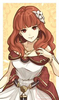 1girl ak_87_kt bare_shoulders breasts celica_(fire_emblem) celica_(valentine)_(fire_emblem) cleavage dress fire_emblem fire_emblem_echoes:_shadows_of_valentia fire_emblem_heroes flower hair_flower hair_ornament highres looking_at_viewer medium_breasts nintendo official_alternate_costume orange_eyes orange_hair smile solo white_dress