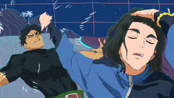 2boys black_hair closed_eyes cowboy_shot digimon digimon_beatbreak hand_in_own_hair highres humiliation jacket meme motion_blur multiple_boys naoya_hitting_choso_without_looking_(meme) outdoors parody pectorals pun punching sawashiro_kyo seraphy_naito shirt short_hair simple_background st14_kr010 violence