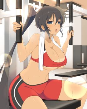 10s 1girl armpits bare_arms bare_shoulders bike_shorts bikini_tan black_hair blush breasts cleavage exercising female_focus from_side grey_eyes heavy_breathing homura_(senran_kagura) large_breasts long_hair looking_at_viewer looking_to_the_side navel official_art open_mouth ponytail senran_kagura senran_kagura_new_wave sitting solo sports_bra stomach sweat tan tanline towel towel_around_neck underboob undersized_clothes yaegashi_nan