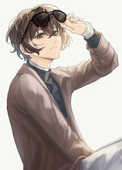 1boy adam's_apple bandaged_arm bandaged_neck bandages black_shirt brown_eyes brown_hair bungou_stray_dogs closed_mouth commentary dazai_osamu_(bungou_stray_dogs) grey_pants hair_between_eyes high_collar highres long_sleeves looking_at_viewer male_focus pants removing_eyewear shirt short_hair simple_background solo sunglasses symbol-only_commentary ufomelet_et white_background