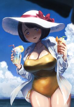 1girl agesen alternate_costume black_hair blue_eyes bob_cut breasts gundam gundam_gquuuuuux highres large_breasts mature_female no_sclera one-piece_swimsuit shiiko_sugai short_hair solo swimsuit