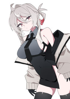 1girl :/ absurdres ahoge bare_shoulders black_gloves black_necktie black_skirt black_thighhighs boots breasts chest_strap collared_shirt commentary_request covered_navel cowboy_shot diamond-shaped_pupils diamond_(shape) dutch_angle folded_ponytail gloves grey_hair grey_shirt hair_between_eyes hair_intakes high-waist_skirt highres jacket large_breasts long_hair long_sleeves looking_at_viewer ma_tai_(oimotororo1116) necktie off_shoulder oimotororo1116 open_clothes open_jacket original pink_eyes shirt side_slit sideboob sidelocks skindentation skirt sleeveless sleeveless_shirt sleeves_past_wrists solo standing symbol-shaped_pupils thick_eyelashes thigh_boots thighhighs thighs tsurime upper_body white_background white_jacket