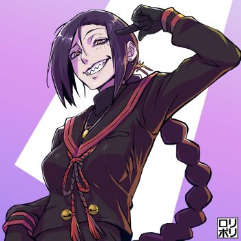 1girl arm_up artist_name bell black_gloves black_sailor_collar black_serafuku border braid braided_ponytail breasts chikujouin_magane commentary earrings english_commentary eyelashes furrowed_brow gloves gradient_background highres jamrolypoly japanese_text jewelry jingle_bell lips long_bangs long_hair looking_at_viewer looking_down medium_breasts nose outside_border purple_border purple_hair raised_eyebrow re:creators red_rope rope sailor_collar school_uniform serafuku shade sharp_teeth solo teeth torii_earrings two-tone_background very_long_hair white_background yellow_eyes