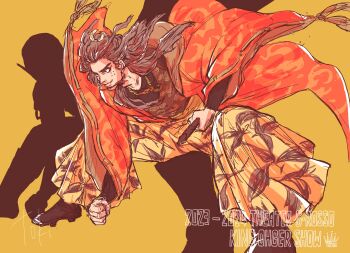 1boy absurdres coat commentary_request different_shadow hachi_ohger highres holding holding_sword holding_weapon male_focus ohgercalibur ohsama_sentai_king-ohger orange_coat pants simple_background solo super_sentai sword toki_(nre03350n) tokusatsu weapon yellow_background yellow_pants