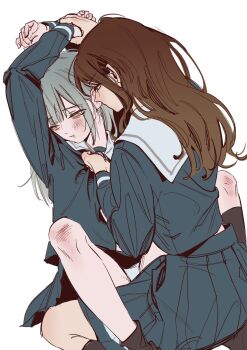 Rule 34 | 12thfog, 2girls, bang dream!, bang dream! it's mygo!!!!!, between legs, black socks, blue shirt, blue skirt, blush, brown hair, closed mouth, clothes grab, green hair, highres, long hair, multiple girls, nagasaki soyo, pleated skirt, sailor collar, school uniform, shirt, shirt grab, simple background, skirt, socks, tsukinomori school uniform, wakaba mutsumi, white background, white sailor collar, yellow eyes, yuri