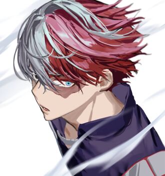 1boy blue_eyes boku_no_hero_academia chamuring commentary_request hair_between_eyes highres korean_commentary male_focus open_mouth parted_lips portrait red_hair scar scar_on_face short_hair solo split_mouth todoroki_shoto white_background white_hair