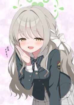 Rule 34 | 1girl, :d, artexyan, black bow, black bowtie, blue archive, blush, bow, bowtie, braid, brown hair, buttons, collared shirt, commentary request, cowboy shot, diagonal-striped bow, diagonal-striped bowtie, diagonal-striped clothes, green halo, green jacket, grey skirt, hair between eyes, hair bow, hair intakes, hair ribbon, halo, hand up, jacket, leaning forward, long hair, long sleeves, looking at viewer, miyo (blue archive), open hand, open mouth, pink background, plaid clothes, plaid skirt, ribbon, ribbon braid, school uniform, shirt, side braid, sidelocks, simple background, skirt, smile, solo, striped bow, striped bowtie, striped clothes, translation request, very long hair, wavy hair, white bow, white ribbon, white shirt, yellow eyes