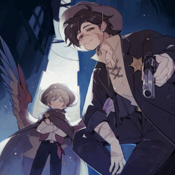 2boys bird_boy bird_wings bishounen brown_hair cloak commentary cowboy_hat empires_smp english_commentary goodtimeswithscar grian_(youtuber) gun hat hermitcraft holding holding_gun holding_weapon jacket looking_at_viewer looking_down luminous_slime male_focus minecraft_youtube multiple_boys open_clothes open_jacket scar sheriff_(western) sheriff_badge short_hair smile squatting standing weapon wings