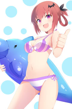 1girl aru_(arudes) bikini blurry breasts fang feet_out_of_frame gabriel_dropout highres holding medium_breasts medium_hair navel open_mouth red_eyes red_hair satanichia_kurumizawa_mcdowell solo standing stomach swimsuit thumbs_up