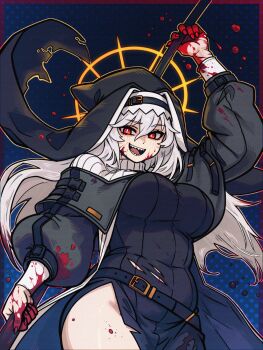 1girl arknights belt belt_buckle blood blood_on_face blood_on_hands blue_background border breasts buckle caffichai commentary cowboy_shot english_commentary hair_between_eyes highres holding large_breasts looking_at_viewer open_mouth outline outside_border pink_border red_eyes sharp_teeth slit_pupils solo specter_(arknights) teeth thick_thighs thighs torn_clothes white_hair yellow_outline