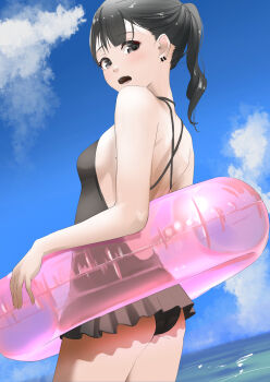 1girl absurdres ass backless_swimsuit black_eyes black_hair black_one-piece_swimsuit blue_sky breasts cloud commentary_request commission earrings frilled_one-piece_swimsuit frills highres innertube jewelry ocean one-piece_swimsuit open_mouth original ponytail skeb_commission sky small_breasts solo swim_ring swimsuit tama_(tamago)