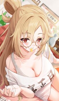 1girl absurdres blonde_hair blush breasts cleavage commentary_request dutch_angle folded_ponytail food_in_mouth glasses grey_sports_bra grin highres igayan indoors large_breasts long_hair long_shirt looking_at_viewer lying off-shoulder_shirt off_shoulder on_side orange_eyes original print_shirt round_eyewear see-through_clothes see-through_shirt shirt sidelocks single_off_shoulder smile solo sports_bra white_shirt yellow-framed_eyewear