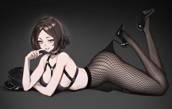 1girl black_hat black_shoes breasts bright_pupils choker commentary fishnet_pantyhose fishnets hat high_heels highres lace_pantyhose_hooked_on_heel_(meme) lips meme o-ring o-ring_choker original pantyhose sakichka shadow shoes short_hair smile solo twitter_username unworn_hat unworn_headwear white_pupils yellow_eyes