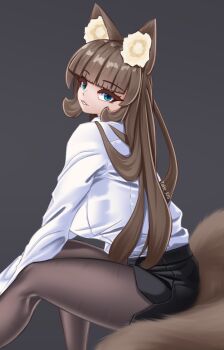 Rule 34 | 1girl, absurdres, animal ear fluff, animal ears, black skirt, blue eyes, blunt bangs, breasts, brown hair, brown tail, cat ears, cat girl, cat tail, highres, long hair, looking at viewer, office lady, original, pantyhose, shirt, simple background, sketch, skirt, tail, takie, takie arts, very long hair, white shirt