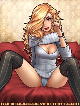 1girl bare_shoulders black_legwear blue_panties breasts checkered checkered_clothes checkered_panties cleavage cleavage_cutout clothing_cutout covered_erect_nipples elf eyebrows female_focus hair_over_one_eye hair_over_shoulder highres large_breasts lips lipstick looking_at_viewer makeup no_pants nose off-shoulder off-shoulder_sweater off_shoulder open-chest_sweater original panties pantyshot pillow pointy_ears ribbed_sweater ronindude sitting sleeves_pushed_up solo spread_legs striped_legwear sweater thighhighs underwear vertical-striped_legwear watch watermark wavy_hair web_address wristwatch yellow_eyes