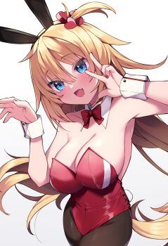 Rule 34 | 1girl, absurdres, akai haato, alternate costume, animal ears, black pantyhose, blue eyes, blush, breasts, closed mouth, collar, commentary request, detached collar, fake animal ears, fake tail, fang, hair ornament, haruyuki (yukichasoba), heart, heart hair ornament, highres, hololive, large breasts, leotard, long hair, looking at viewer, nail polish, official artist extra, pantyhose, pink nails, playboy bunny, rabbit ears, red leotard, skin fang, smile, solo, tail, twintails, very long hair, virtual youtuber, white collar, white wrist cuffs, wrist cuffs