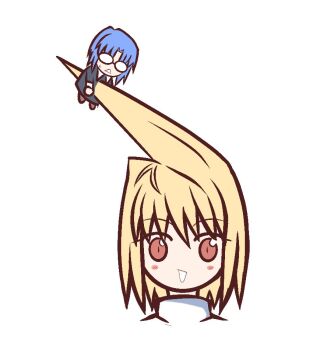 Rule 34 | 2girls, :d, ahoge, arcueid brunestud, blonde hair, blue hair, blush stickers, chibi, chibi inset, chibi only, ciel (tsukihime), curtained hair, facing viewer, huge ahoge, impaled, looking at viewer, multiple girls, nun, open mouth, red eyes, sakurello, short hair, smile, stab, sweater, tsukihime, tunic, turtleneck, turtleneck sweater, white sweater