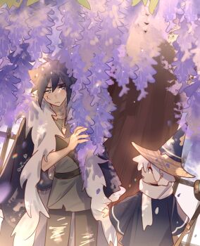 2boys animal_ears blue_robe cloak commentary_request cookie_run cookie_run:_kingdom flower food-themed_hat fur_trim grey_hair hat highres holding holding_staff holding_wand humanization ice_cream_cone jewelry lilac multiple_boys necklace robe scar scar_on_face scarf staff suikaels tooth_necklace tree waffle_cone wand werewolf_cookie white_hair white_scarf wizard wizard_cookie wizard_hat