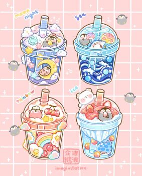 animal_focus artist_name baby_animal bear bird bubble_tea chinese_commentary cloud commentary commentary_request crescent cup disposable_cup drinking_straw english_commentary english_text food food_focus fruit grid_background highres ice imaginstation in_food manta_ray mixed-language_commentary no_humans original penguin penguin_chick pink_background polar_bear rainbow sparkle strawberry watermark waves