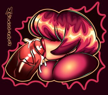 1girl amimoo blush cum cum_in_mouth cum_overflow earrings ejaculation erection fellatio female_focus highres huge_penis internal_cumshot jewelry kissing_penis leaking long_hair mrfrogington open_mouth oral pale_skin penis red_hair shermie_(kof) swallowing the_king_of_fighters thick_lips veins veiny_penis