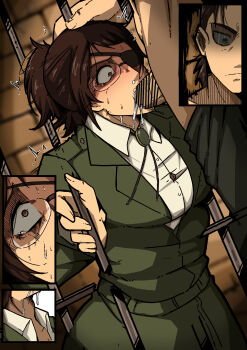 1girl absurdres bar_censor black_hair blush brown_hair censored cum cum_in_mouth despair eren_yeager fellatio glasses hand_on_another&#039;s_head hange_zoe highres irrumatio jacket mark_gavatino oral paradis_military_uniform penis rape shingeki_no_kyojin short_hair