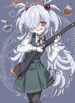 1girl abstract_background absurdres alternate_color antique_firearm belt black_choker black_pantyhose blue_archive blunderbuss blush bright_pupils bubble buttons choker collared_shirt commentary_request double-breasted dress dress_shirt feet_out_of_frame firearm firelock flintlock gold_trim green_dress grey_background gun hair_ornament hair_over_one_eye halo heart heart-shaped_pupils highres holding holding_gun holding_weapon kanoe_(blue_archive) knees_together_feet_apart lobstrater64 long_hair magic_circle magic_circle_background mortar_(bowl) neck_ribbon orange_eyes orange_halo orange_ribbon pantyhose pestle pinafore_dress potion raised_eyebrows red_ribbon ribbon shirt shotgun sleeveless sleeveless_dress solo symbol-shaped_pupils translation_request two-handed two-tone_ribbon two_side_up very_long_hair wavy_mouth weapon white_hair white_shirt
