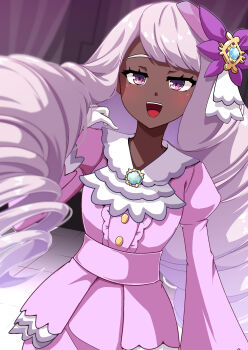 1girl :d blush commentary_request dark-skinned_female dark_skin dress eyelashes gloves hand_up happy hat_ornament highres jacinthe_(pokemon) long_hair long_sleeves looking_at_viewer maritchi nintendo open_mouth pink_dress pokemon pokemon_legends:_z-a puffy_sleeves purple_eyes smile solo teeth tilted_headwear tongue twintails upper_teeth_only white_gloves