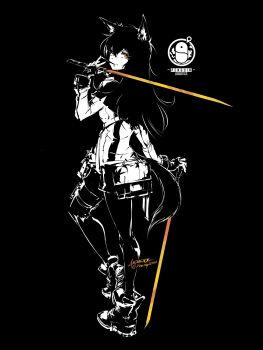 1girl andyface animal_ears ankle_boots arknights black_background boots food food_in_mouth full_body hair_between_eyes highres holding holding_sword holding_weapon jacket long_hair long_sleeves looking_at_viewer monochrome penguin_logistics_logo pocky pocky_in_mouth simple_background solo spot_color standing sword tail texas_(arknights) weapon wolf_ears wolf_girl wolf_tail yellow_eyes