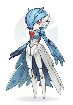 alternate_color blue_hair blue_skin bob_cut colored_skin gardevoir gen_3_pokemon highres joints looking_at_viewer lordyanyu mechanization multicolored_skin nintendo pink_eyes pokemon pokemon_(creature) robot_joints shiny_pokemon smile two-tone_skin white_skin