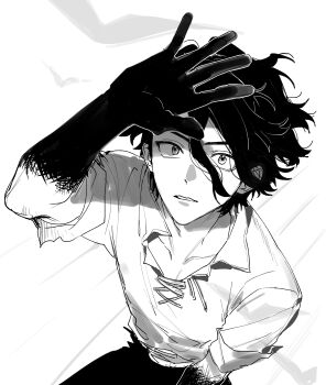 1boy collarbone colored_extremities dr._stone from_above greyscale hair_between_eyes hashtag-only_commentary highres kaohom503_2 looking_at_viewer male_focus monochrome nanami_sai shirt short_hair solo teeth