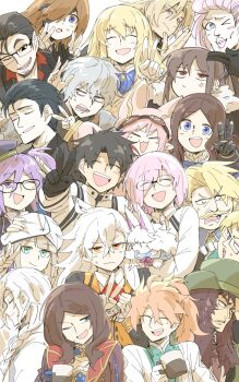 6+boys 6+girls ahoge anger_vein angry ascot beryl_gut black-framed_eyewear black_eyes black_gloves black_hair black_jacket blonde_hair blue_ascot blue_eyes blush_stickers braid brown_hair captain_nemo_(fate) chaldea_uniform closed_eyes closed_mouth coat commentary_request creature crossed_bangs crypters_(fate/grand_order) cup daybit_sem_void double_v everyone eyepatch facial_hair fate/grand_order fate_(series) fou_(fate) fujimaru_ritsuka_(male) fujimaru_ritsuka_(male)_(decisive_battle_chaldea_uniform) glasses gloves goatee_stubble goredolf_musik green_coat green_eyes green_hat grey_hair habetrot_(fate) hair_between_eyes hair_over_one_eye hair_over_shoulder hair_slicked_back hand_on_another's_head hand_up hands_up hat high_ponytail highres holding holding_creature holding_cup jacket jingle_abel_meuniere kadoc_zemlupus kankan33333 kirschtaria_wodime leonardo_da_vinci_(caster)_(fate) leonardo_da_vinci_(fate) leonardo_da_vinci_(fate/grand_order) leonardo_da_vinci_(rider)_(fate) leonardo_da_vinci_(rider)_(first_ascension)_(fate) lev_lainur_flauros lipstick long_hair long_sleeves looking_at_another looking_at_viewer looking_to_the_side makeup marisbury_animusphere mash_kyrielight mash_kyrielight_(chaldea_uniform) mug multicolored_coat multiple_boys multiple_girls mustache nemo_(fate) nervous_sweating novum_chaldea olga_marie_animusphere one_eye_closed open_mouth ophelia_phamrsolone orange_eyes orange_hair parted_hair pink_hair pink_hat pink_lips ponytail purple_eyes purple_hair red_ascot red_eyes romani_archaman scandinavia_peperoncino sharp_teeth sherlock_holmes_(fate) short_hair simple_background single_braid sion_eltnam_(type-moon) sion_eltnam_sokaris smile stubble sweat teeth top_hat turban two-tone_coat v wavy_mouth white_background white_coat white_gloves white_hair white_jacket white_turban yellow_eyes yu_mei-ren_(fate) yu_mei-ren_(third_ascension)_(fate)
