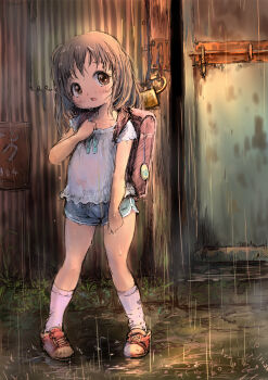 1girl backpack bag blue_shorts brown_eyes brown_hair crime_prevention_buzzer door full_body guma hand_on_own_chest highres lock loli long_hair navel open_mouth original outdoors padlock rain randoseru red_shoes see-through_clothes shirt shoes short_shorts short_sleeves shorts socks solo stomach thighs wet wet_clothes wet_shirt wet_shorts white_shirt white_socks