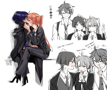 1girl 2boys ahoge ahoge_wag alternate_costume anger_vein artist_self-insert black_jacket black_pants black_shoes black_sleeves blue_necktie blunt_ends blush casual closed_eyes closed_mouth collared_shirt contemporary couple covering_another&#039;s_mouth covering_own_mouth cropped_torso english_text expressive_hair eyelashes facing_another facing_viewer fingernails genshin_impact hair_between_eyes hand_up hands_up headpat height_difference hetero high_heels highres holding holding_jacket holding_unworn_clothes index_finger_raised jacket kiss layered_sleeves long_hair long_sleeves looking_at_viewer multiple_boys necktie oc_x_canon open_clothes open_hand open_jacket open_mouth orange_hair original own_hands_together palms_together pants ponytail purple_hair purple_necktie scaramouche_(genshin_impact) shirt shoes sitting sitting_on_lap sitting_on_person suit_jacket tartaglia_(genshin_impact) unworn_jacket vest white_background white_shirt white_sleeves wispy_bangs yoontrsh