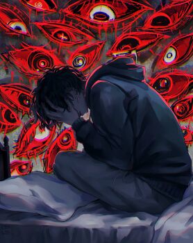 1boy black_hair black_hoodie blood bloody_tears chromatic_aberration commentary covering_own_face cross cross_earrings curled_up earrings from_side full_body highres hood hood_down hoodie horror_(theme) jewelry male_focus on_bed original pants pillow short_hair sitting solo sweatpants symbol-only_commentary too_many_eyes wormudon