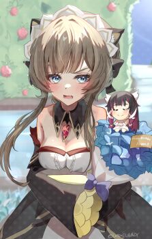 Rule 34 | 2girls, absurdres, bare shoulders, black dress, blue bow, blue eyes, blue flower, blush, bouquet, bow, breasts, brown hair, chuuna (unagiunazy), cleavage, columbina (genshin impact), commentary request, detached collar, detached sleeves, dress, flower, gem, genshin impact, hair between eyes, hair ornament, highres, holding, holding bouquet, jewelry, long hair, long sleeves, looking at viewer, medium breasts, multiple girls, open mouth, red gemstone, sandrone (genshin impact), strapless, strapless dress