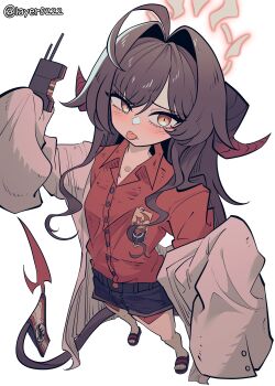 1girl ahoge armband artist_name black_sandals black_shorts blue_archive blush brown_coat brown_eyes brown_hair coat coat_partially_removed collarbone collared_shirt dated demon_horns demon_tail from_above hair_between_eyes hair_intakes hair_over_shoulder half-closed_eye halo highres holding holding_walkie-talkie horns kasumi_(blue_archive) layer_(layer_illust) long_hair red_armband red_shirt sandals shirt shorts sidelocks sleeves_past_fingers sleeves_past_wrists solo standing tail tongue tongue_out walkie-talkie white_background