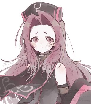 1girl absurdres arietta_(tales) arm_belt black_dress black_hat collar commentary_request detached_sleeves dress hair_intakes hat highres long_hair nancykittyu nurse_cap pink_eyes pink_hair simple_background solo tales_of_(series) tales_of_the_abyss upper_body white_background